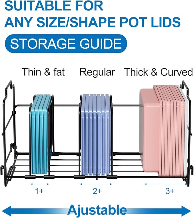 Food Container Lid Organizer, Large Capacity Adjustable 4 Dividers Detachable Lid Organizer Rack for Kitchen Cabinets, Drawers, Plastic Lid Organizer For Pantry Shelves, Cupboards, Black