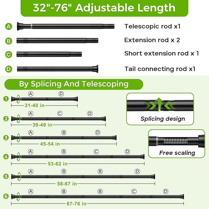 Black Shower Curtain Rod 32 to 76 Inches Adjustable, 7/8 Inch Diameter Heavy Duty Tension Curtain Rods No Drill, Rust-Resistant Tension Rod for Bathroom, 2 Pack