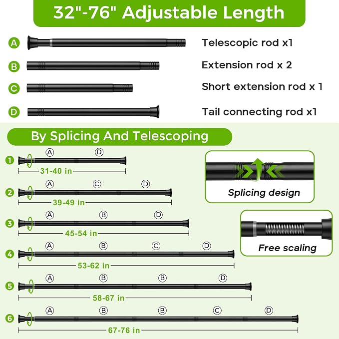 Black Shower Curtain Rod, 32-76 Inches, 7/8 Inch Diameter, 1 Pack | Adjustable Tension, No Drilling, Rust-Resistant, For Bathroom, Window, Doorway, Closet
