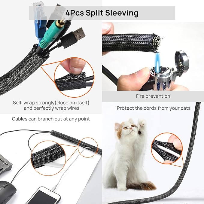 Cable Management Kit - 4 Cable Sleeve, 28 Self Adhesive Cable Clips, 29 Cord Holders, 10+2 Roll Cable Organizer Straps and 100 Fastening Cable Ties for TV Computer Under Desk (Black)