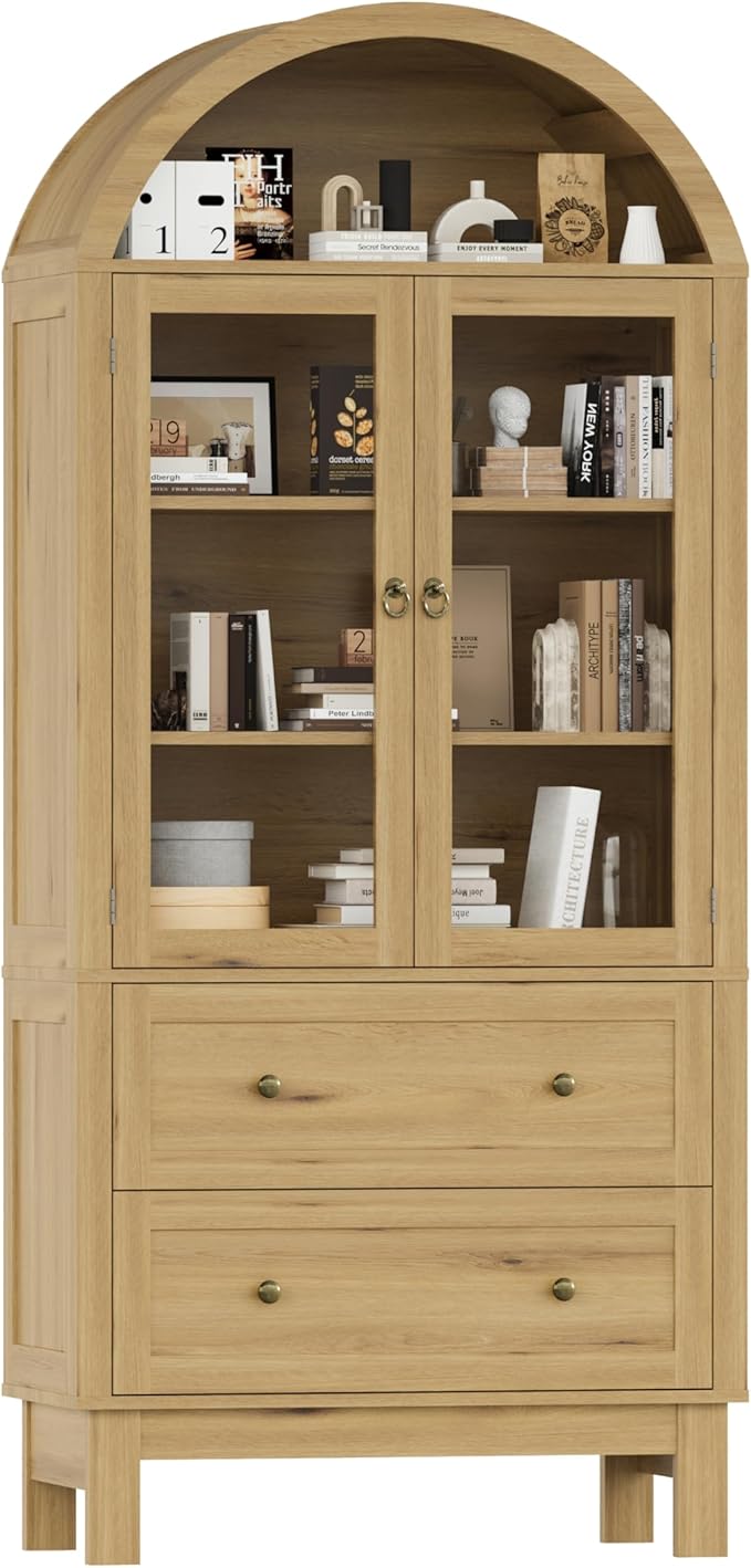 71" Tall Arched Bookshelf, 6-Tier Bookcase with Glass Doors & Adjustable Shelves, Wood Display Book Shelf with Drawers for Living Room, Dining Room, Natrual