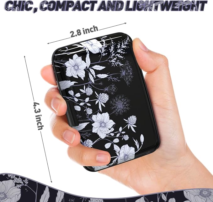 Credit Card Holder, Mini RFID Small Aluminum Card Wallet Business Card Case | Blocking Slim Metal RFID Blocking Front Pocket Wallet Hard Case Durable CC Holder for Women Girls, Black White Floral