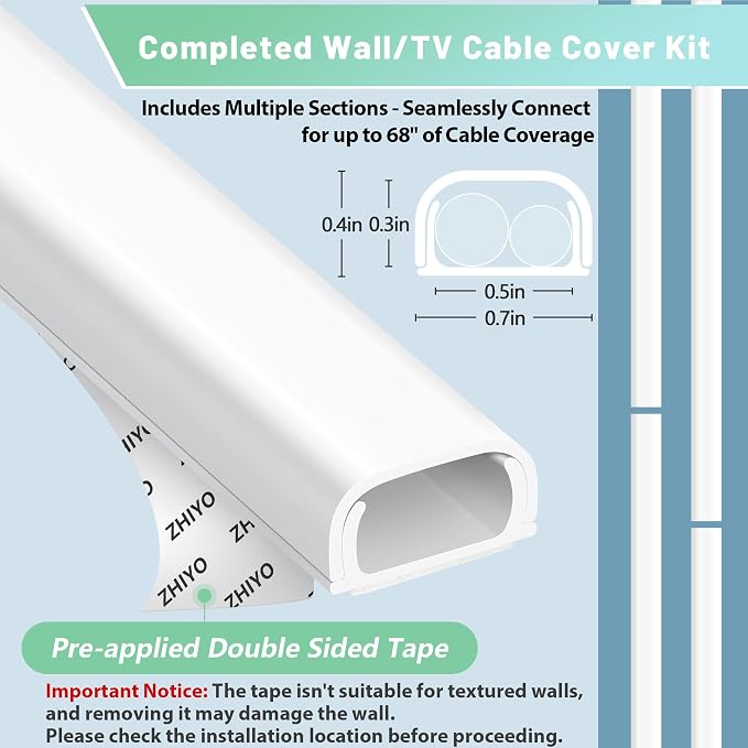 ZhiYo Wire Covers for 2 Cords, Wire Hider on Wall Mounted, White Cord Cover Kit, Cable Cover Cable Concealer for Extension Cord, Ethernet Cable, Speaker Wire, 0.7in(W) x 0.4in(H)