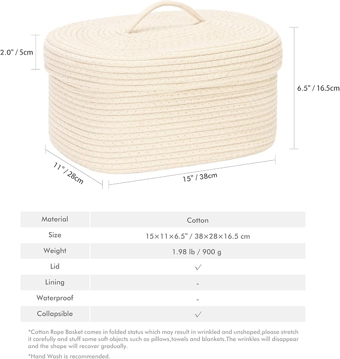 Sea Team Oval Cotton Rope Storage Basket with Lid, Lidded Woven Storage Bin, Nursery Storage Container, Diaper Caddy, Baby Shower Basket, Box, Organizer, 15 x 11 x 6.5 Inches (Medium, Cream)