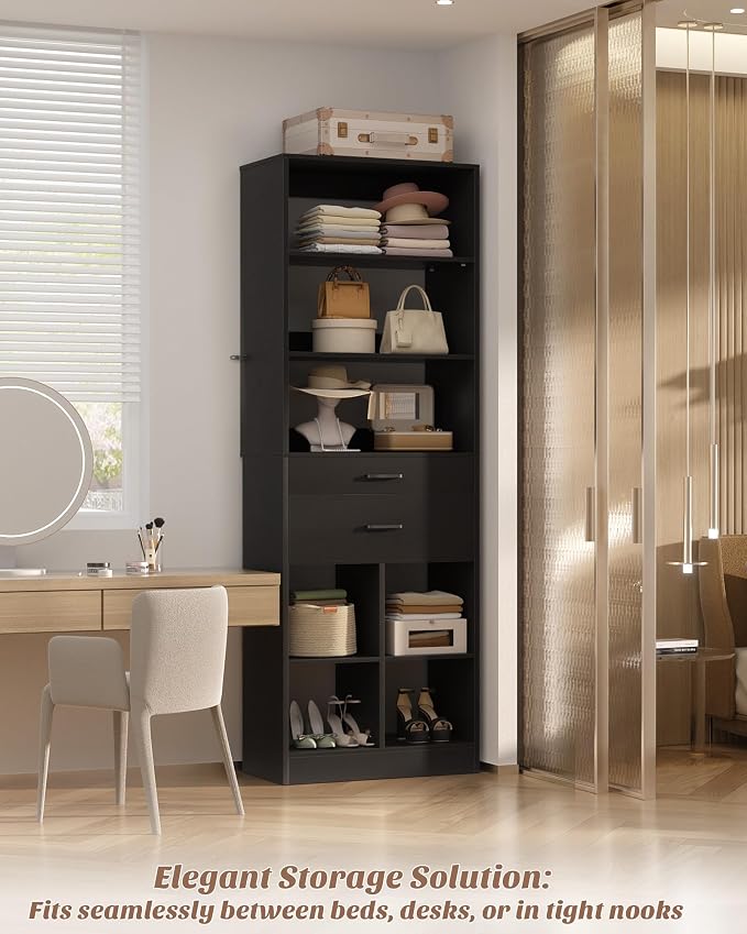 Besiost 22" Closet System with Drawers, 1.85 FT Small Closet Organizer for Walk in Closet, Bedroom & Nursery, Wardrobe Storage Unit with Storage and Shelves, Enclosed Storage Volume 2.58 ft³, Black