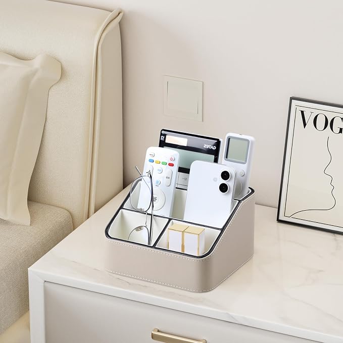 PU Leather Remote Control Holder, Nightstand Organizer with 4 Compartments | Luxury Desk Caddy with Velvet Lining, Small Desk Organizer for Living Room, Bedroom, Bedside, End Table, 6.8" x 6.7" x 4"