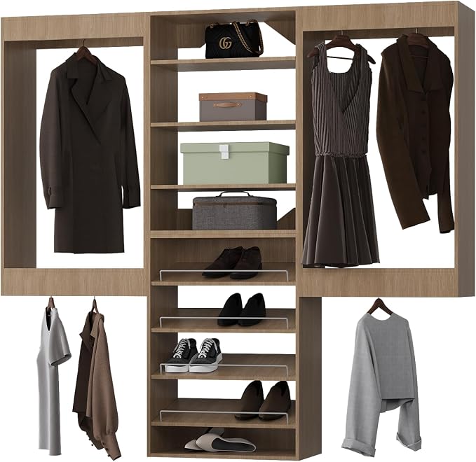 ROOMTEC Modular Closet System, 78" Wall Mounted Closet Organizer with Hanging Rods and Shoe Shelf, Wooden Tower for Walk-In Closets, Wardrobe Storage Kit, Wood