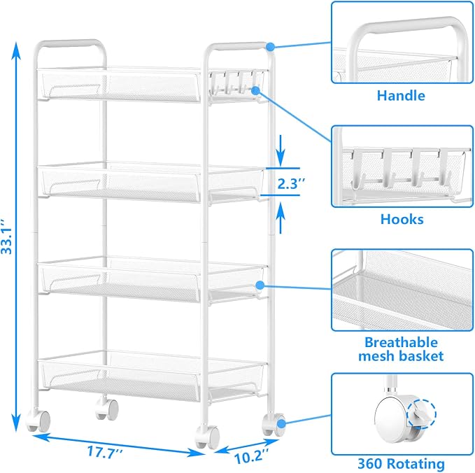 4-Tier Mesh Rolling Cart - 35 BLS/Tier Full Metal Cart with Wheel & 4 Hooks | Space-Saving 140bls Capacity Storage Organizer Crafts Utility Cart for Kitchen Pantry Office Bathroom Laundry Nursery, White