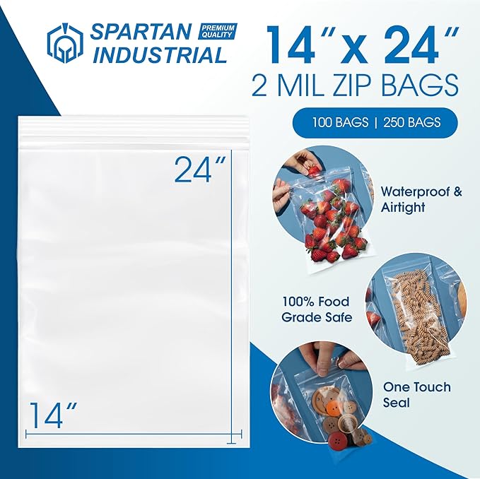 Spartan Industrial - 14” X 24” (100 Count) 2 Mil Clear Reclosable Zip Plastic Poly Bags with Resealable Lock Seal Zipper