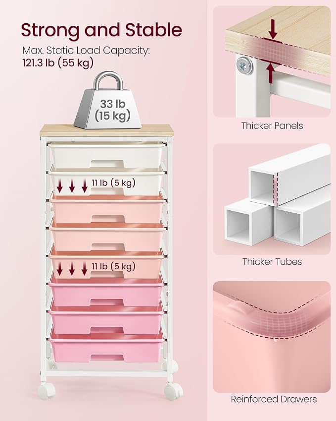 VASAGLE 8-Drawer Rolling Storage Cart, Utility Cart with Wheels and Wood Top, Craft Organizer for Office and Home, 15.6 x 11.2 x 30.1 inch, Pink and White, BENCO Collection ULRC006S101