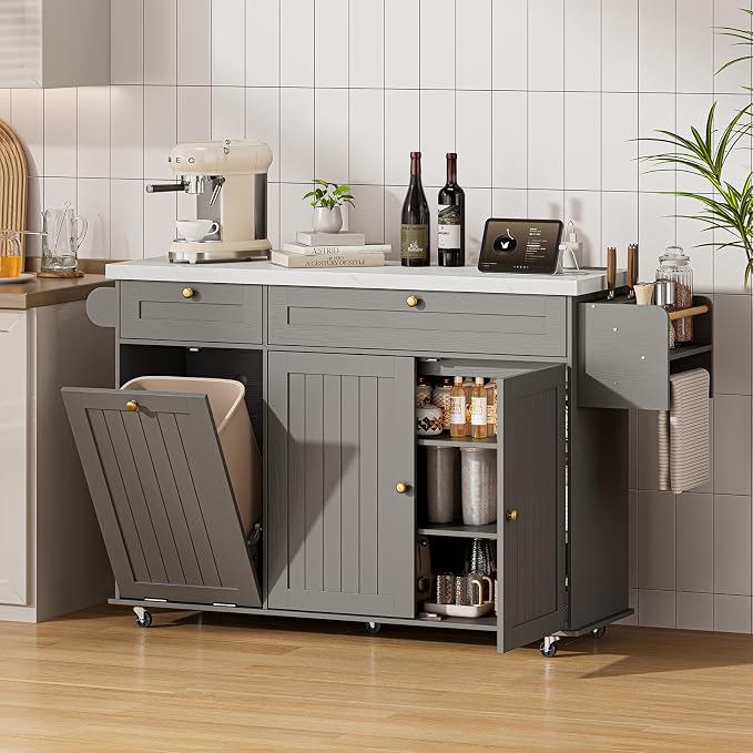 ONBRILL 60" Kitchen Island with Power Outlet & Drop Leaf, Rolling Island with Spice Rack & Towel Rack, Kitchen Island Cart with Trash Storage Cabinet, Island Table for Kitchen, Grey+Imitation Marble