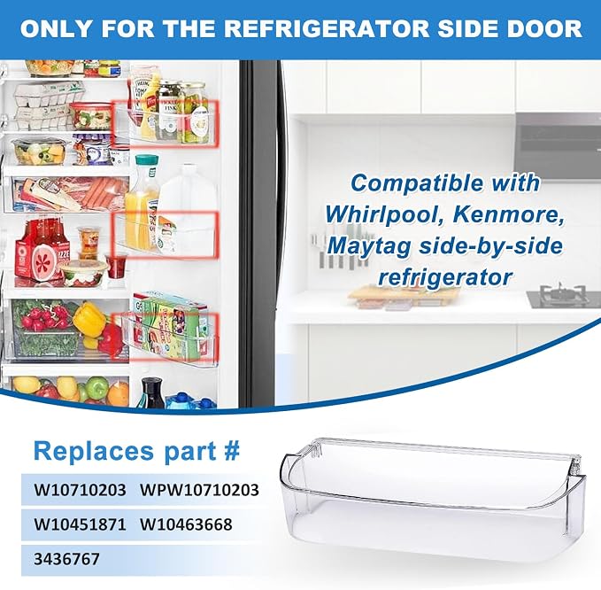 W10710203 Refrigerator Door Bin Shelf Replacement Parts for Whirlpool Kenmore Maytag Refrigerator Right Side Bin Replaces WPW10710203 W10451871 3436767