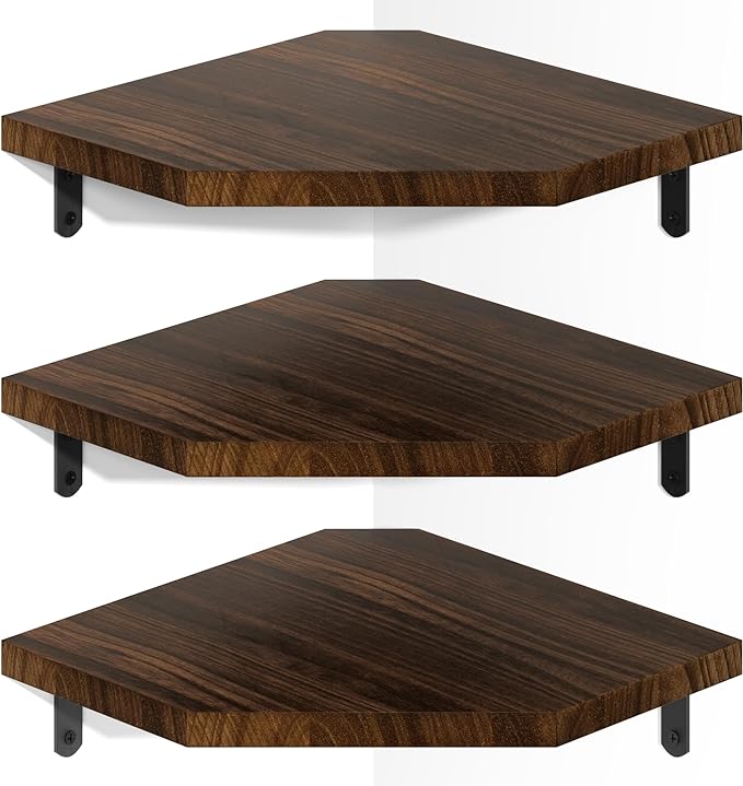Alsonerbay Pine Wood Corner Shelves with Cord Hole 3-Pack, Carbonized Black | Diamond-shaped, cable management, 40 lbs/shelf, 0.79" thick pine, L-shaped metal brackets, for router & media devices