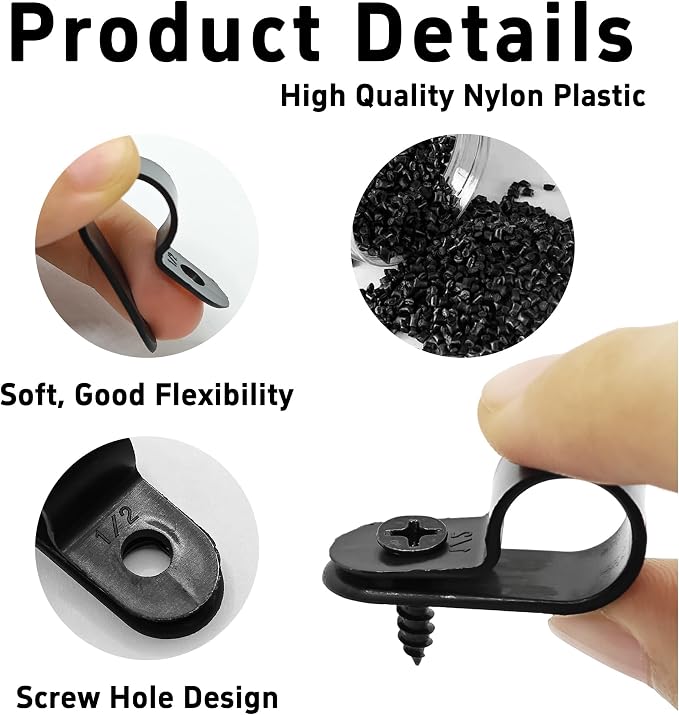 100Pcs R-Type Cable Clips 1/2" Black Nylon Plastic Wire Clamps with Mounting Screws, Cord Fastener Cable Management Organizer for Home Office Electrical Installation