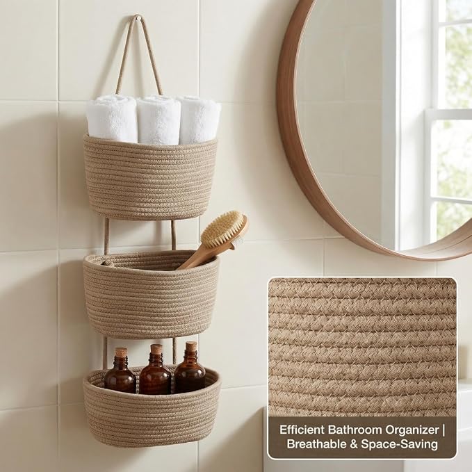 Hanging Wall Basket, Over the Door Hanging Basket with Hooks, Cotton Back of Door Organizer for Living Room, Bedroom, Boho Wall Decor, Toy Storage, Jute