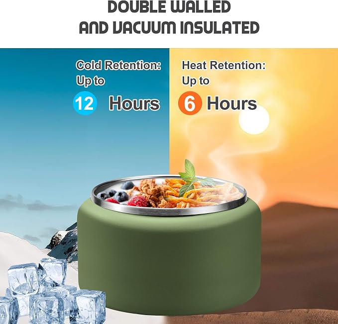 BOSEDSANG 13.5oz Soup Thermo for Hot Food Kids with Buckle Lid Insulated Vacuum Food Jar Wide Mouth Leakproof Stainless Steel Lunch Container (Green)