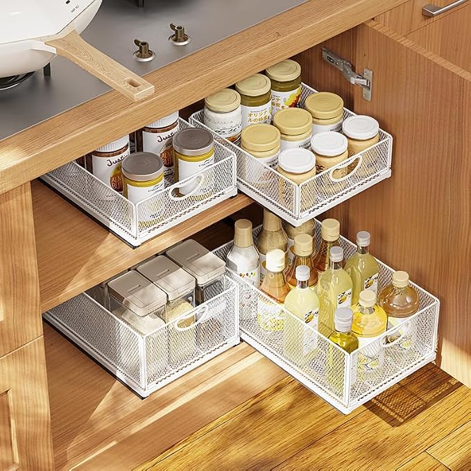 Pull out Cabinet Organizer Fixed with Adhesive Nano Film Heavy Duty Slide out Pantry Shelves Drawer Storage under sink organizer Sliding Mesh Cabinet Basket with Handle for Kitchen (Extra Extended)