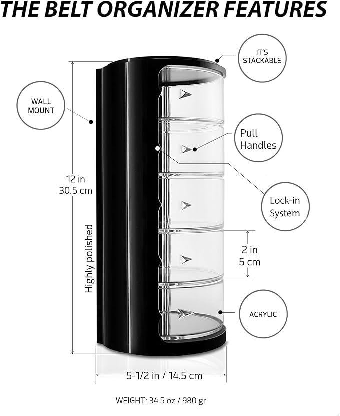 ELYPRO Acrylic Belt Organizer & Holder for Closet, Storage & Container | Rotating Drawers, Wall Mounted, Stackable, Watch Case, Jewelry Display, Makeup, Mens, Womens, Rack, Box