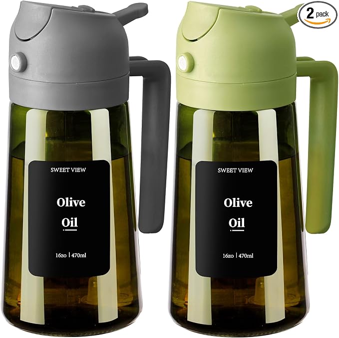 SWEET VIEW 2PCS Olive Oil Dispenser and Oil Sprayer | 16oz/470ml Glass Light-Proof Oil Pourer for Kitchen Air Fryer, Cooking, Salad, and BBQ, with Stickers