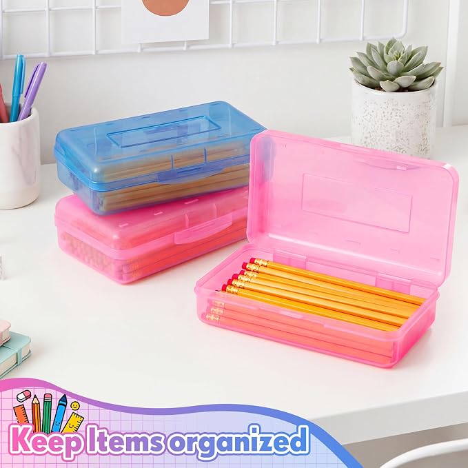 Blulu 6 Pack Large Plastic Pencil Case Box Clear Pencil Boxes Bulk Hard Crayon Box Storage with Snap Lids 8.1 x 4.7 x 2.2 Inch Painting Organizer Classroom Stationery School Supplies (Pink Blue)