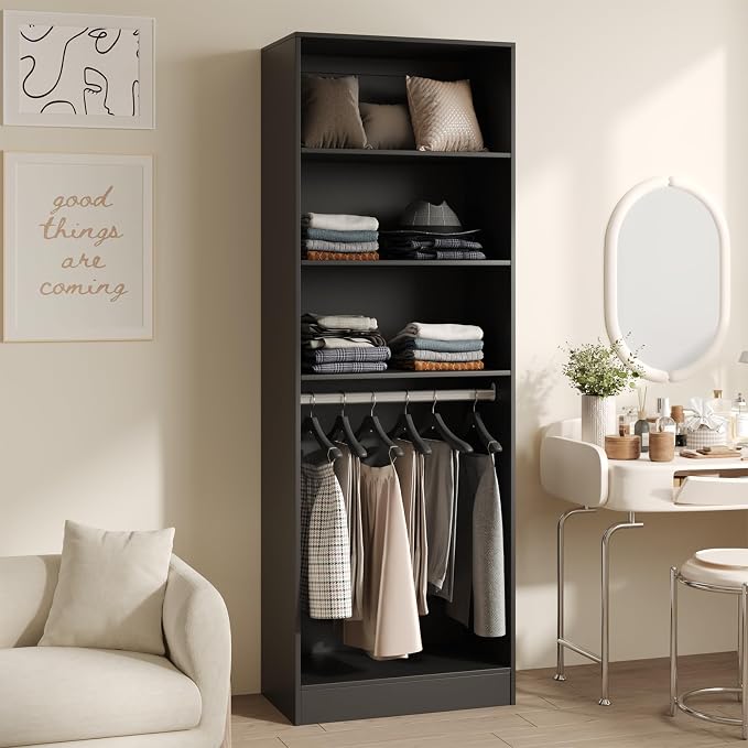 VOWNER 25'' Closet Organizer System Small Freestanding Closet System | 6 Adjustable Shelves, 2 Hanging Rod, Black Modular Closet System for Small Closet, Space-Saving, Easy Assembly