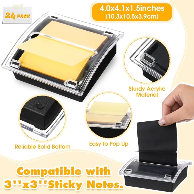Mimorou 24 Pcs Pop Up Note Dispenser with Black Base Clear Top Acrylic Sticky Notes Holder Fit for 3 x 3 Inches Notes Sticky Note Dispenser for Desk School Office Home Store Memo Gift