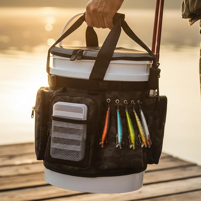 Fishing Bucket Organizer with Mesh Cover Fishing Tackle Bag | 600D Waterproof, Multi-Pockets, Adjustable Buckle, Fits 5 Gallon Bucket, Fishing Gear and Equipment