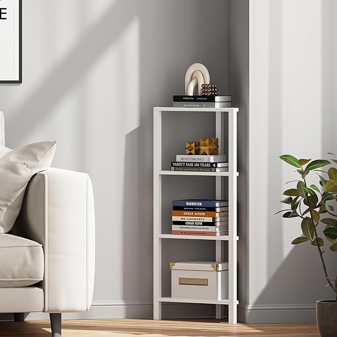 TUTOTAK Corner Shelf, 4-Tier Corner Bookshelf for Small Space, Narrow Display Corner Shelf Stand with Storage Rack, for Living Room, Bedroom, White BS05BW004