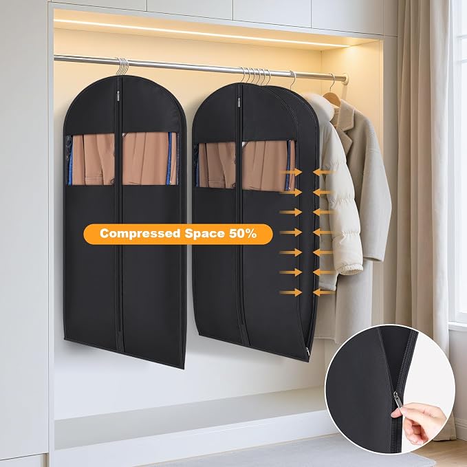 Syeeiex 43'' Garment Bags for Hanging Clothes with 8'' Gussets,Space Saving Hanging Garment Bag with Self Compression Zipper - Save 50% Space-Can Hold 6 Down Coats,8 Fur & Winter Coats,20 Shirts(2PCS)