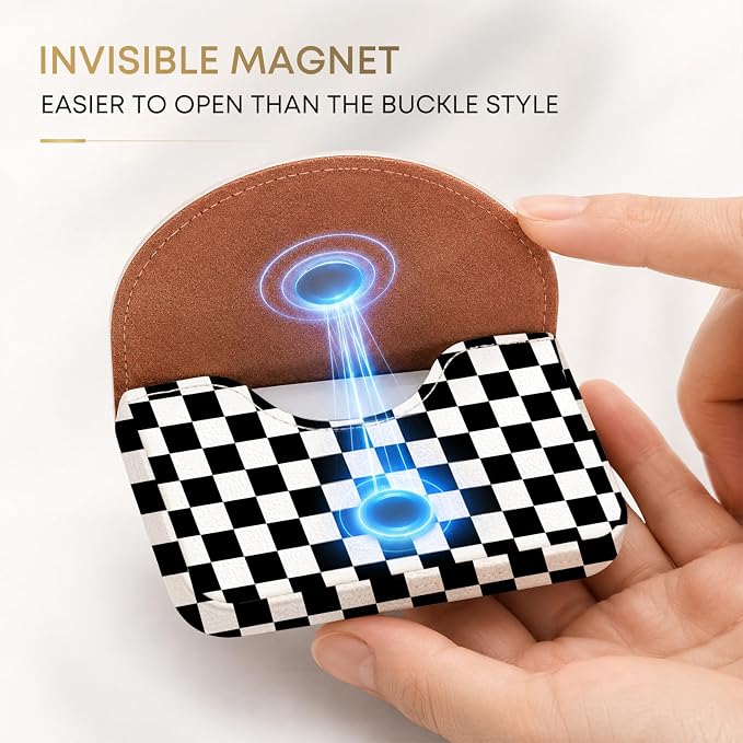 Business Card Holder，PU Leather Business Card Case Wallet Checkered | Pocket Travel Name Card Case for Men and Women Gift，Portable Magnetic Business Card Carrier for Purse
