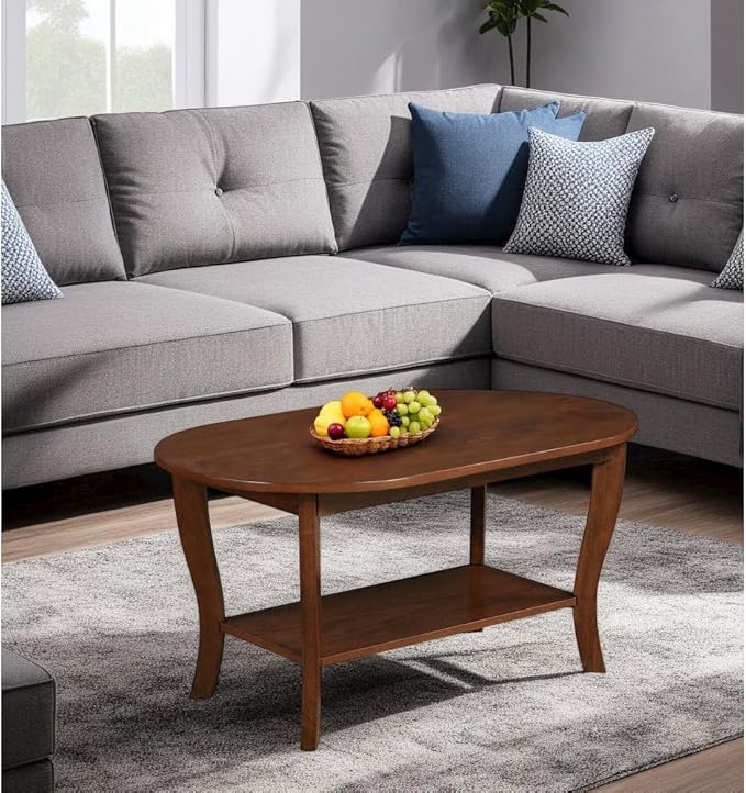 Furnifact Brown Oval Coffee Table with Lower Shelf, MDF Solid Rubber Wood Veneer Construction, Stylish and Practical Design for Living Room or Office Use