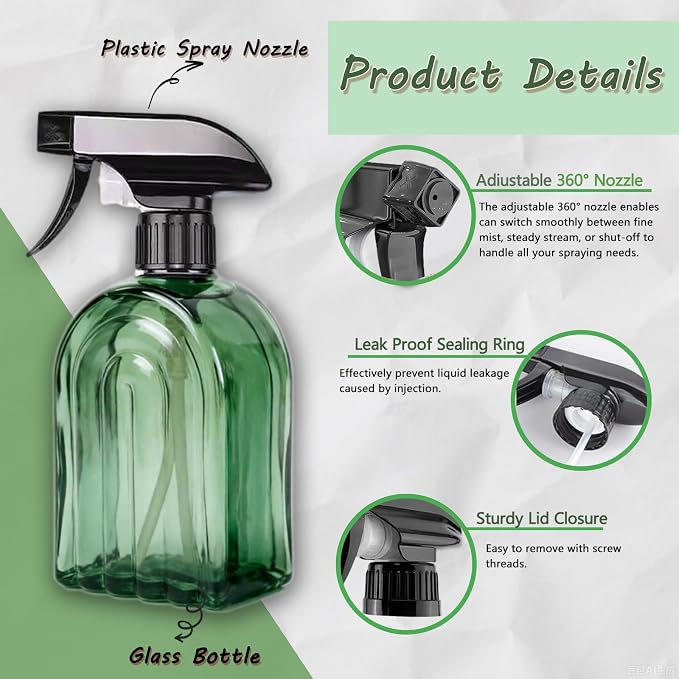 Green Glass Spray Bottle, Refillable Indoor Plant Mister,13.5oz Water Spray Bottle with Adjustable Nozzle,Plant Mister Spray Bottles for Indoor Plants, Cleaning, Hair Care, Pets Care(2pcs)