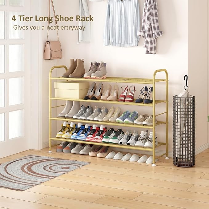 LINZINAR 4 Tier Long Shoe Rack for Closet Metal Shoe Organizer for Entryway | Spacious design stores 25+ pairs of shoes,durable metal frame,space-saving organizer for closet, hallway, and Entryway Gold