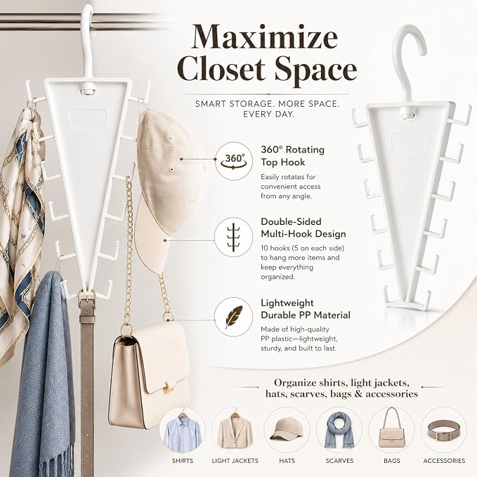 V-Shaped Double-Sided Closet Organizer Hanger, Multi-Functional V-Shaped Double Sided Hanger Storage Rack, Vertical Closet Storage Rack for Shirts, Light Jackets, Hats, Scarves (4, White)