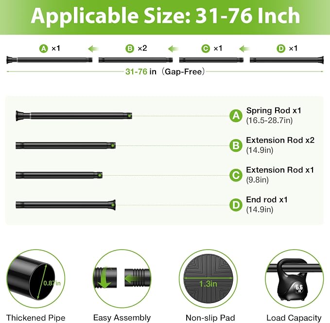 1Pcs Spring Tension Curtain Rod, Shower Curtain Rod 31-76 Inch, Spring Loaded Curtain Rod No Drilling, Adjustable 7/8" Diameter Tension Rod for Windows Bedroom Bathroom Doorway Closet, Black