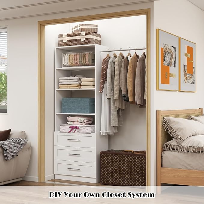Closet Organizer System with Drawers Wood Closet Shelving System Small Walk in Closet Standalone Corner Closets Storage with Hanging Rods White (2FT)