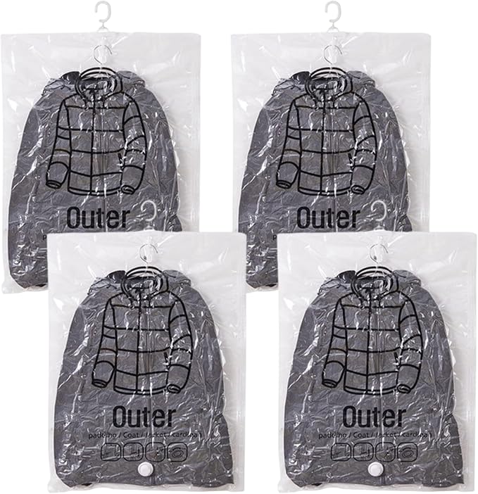 Hanging Vacuum Storage Bags 4Pcs 26 x 43 Large Vacuum Storage Bags Clear Compression Vacuum Seal Bags Space Saver Vacuum Storage Bags for Clothing, Suits and Coats Hanging Vacuum Storage Bags