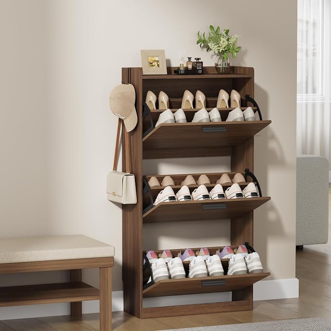 Shoe Cabinet Organizer with 3 Flip Drawers, Freestanding Shoe Storage Cabinet, Adjustable and Removable Dividers, 23.6"W x 8.7"D x 47.2"H Narrow Shoe Rack for Entryway, Foyer, Hallway, Walnut