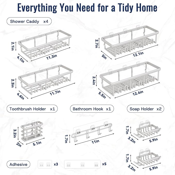8 Pack Adhesive Rustproof Shower Caddy with Soap Dishes, Toothbrush Holder & Hooks, Large Capacity No-Drilling Shower Shelves Rack for Bathroom Organizers and Storage Accessories, Light Gray