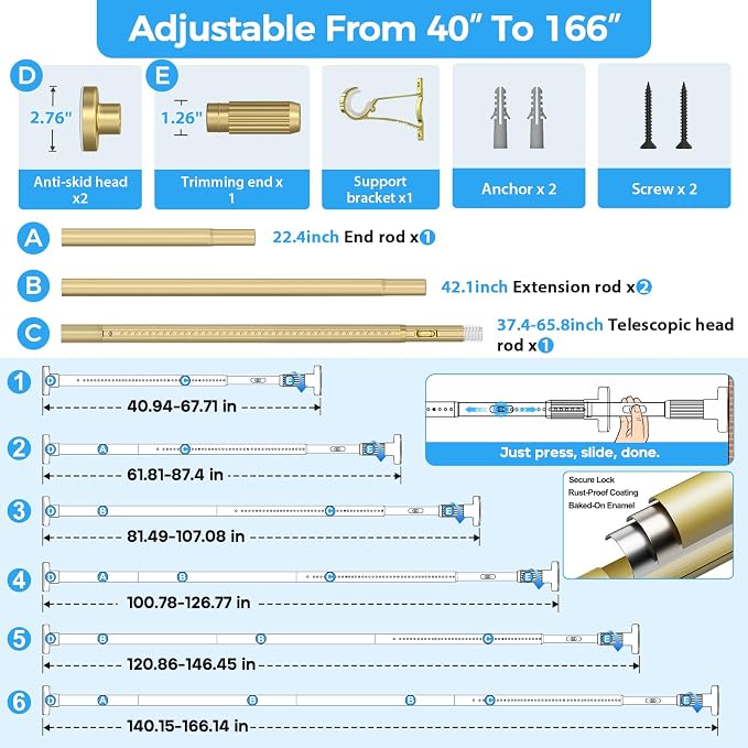 AIZESI 41-165 Inch Heavy Duty Gold Tension Curtain Rod - No Drilling, Adjustable, Rust-Proof for Outdoor, Living Room, Bathroom