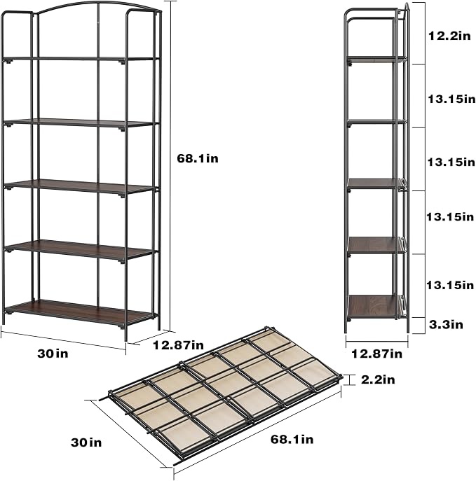 Crofy 5-Tier Wider Foldable Bookshelf, Black Frame & Walnut Shelves | Collapsible Portable Storage Organizer; Sturdy Walnut Finish Shelves; Ideal for Living Room & Home Office