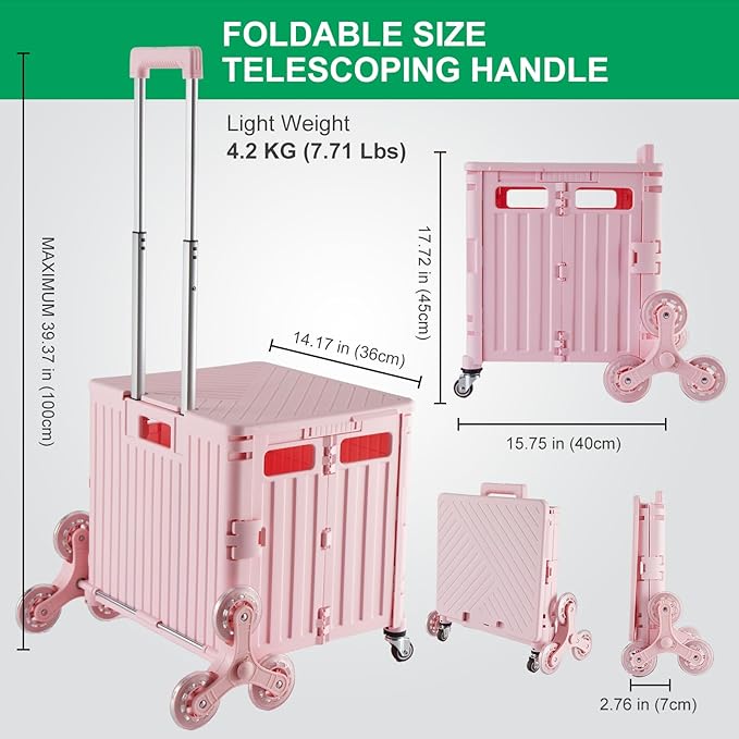 MACOPRO Foldable Utility Cart with Stair Climbing Wheels, Collapsible Rolling Crate with Telescoping Handle, Folding Shopping Trolley Handcart Grocery Book File Tool Teacher Storage Basket (Pink)
