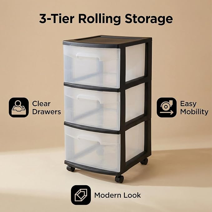 3 Drawer Plastic Storage Cart, Clear Rolling Home Office Organizer Black | Removable wheels switch between rolling mobility & stationary stability for any room.