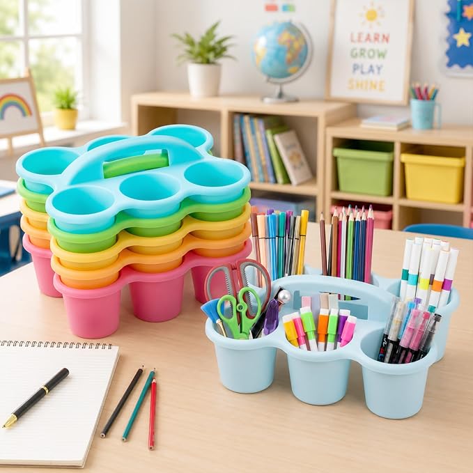 6 pack Classroom Caddy with Handle plastic supply caddy with 6 Compartments Drink Cup Caddies Holder Portable Desk Crayon Storage Caddy for Teacher Kids Office School (Pastel)