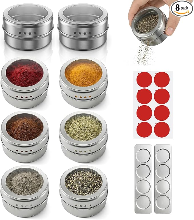 Magnetic Spice Rack with 2 Metal Plates & 8 Magnetic Spice Jars - Stainless Steel Seasoning Tins with Clear Lid & Double-Sided Stickers for Kitchen Refrigerator Organization