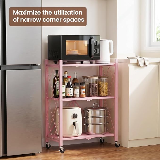ALANNG 3 Tier Folding Storage Shelf on Wheels,Heavy Duty Metal Rolling Cart | Compact & Portable, No Tools Assembly, Folds to 3.9" Flat, Reinforced Iron Frame, Lockable Casters, for Any Room