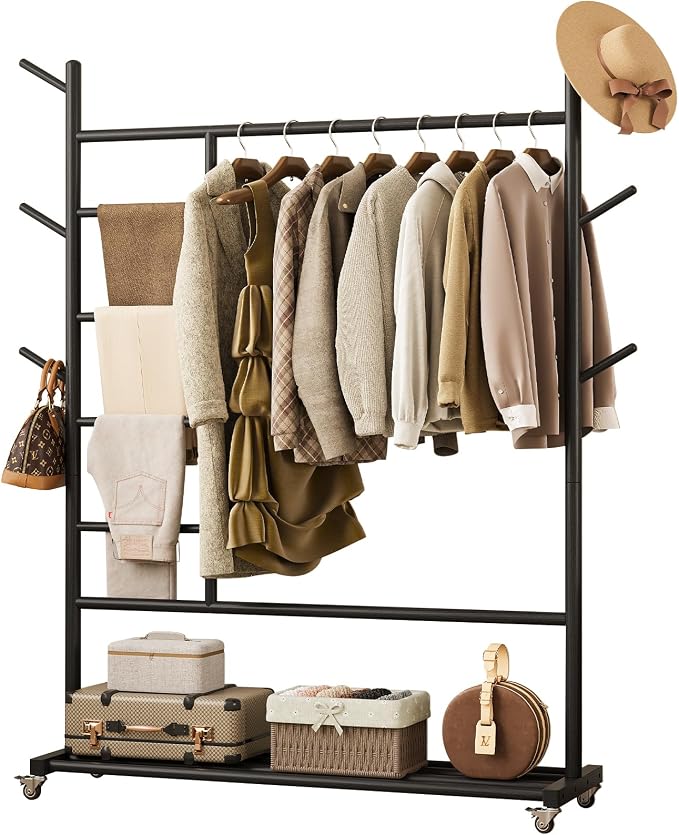 Yoobure Solid Wood Clothing Rack - Rolling Clothes Rack with Wheels, 4-in-1 Coat Rack with Pants Rack & Shelf, Freestanding Clothing Racks for Hanging Clothes, Garment Rack for Closet Bedroom Entryway