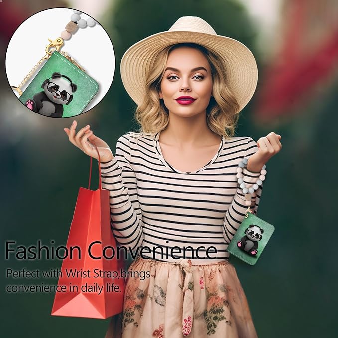 Blusabaca RFID Credit Card Holder Small Women Travel Wallet, Cute Panda | Removable Keychain, Case with Zipper, Vegan PU Leather, Cash Coin Pocket, Business Accordion Purse, Ladies Female Gift