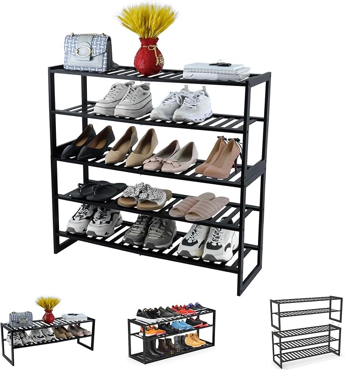 Jripae 5 Tier 32.5*10.5*30.3in Bamboo Shoe Rack for Closet Entryway Bedroom | Stackable Shoe Shelf Holder for Men/Women Hallway/Garage, Bookshelf, Flower Rack, Home Space Saving