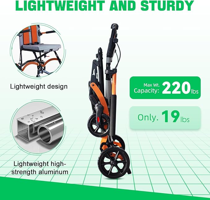 Ultra Lightweight Wheelchairs for Adults 19lbs - Foldable Transport Chair with Safety Belt, Storage Bag & 270° Flip Armrests, 220lbs Capacity, 16" Seat for Travel, Camping, Airplane (Orange)